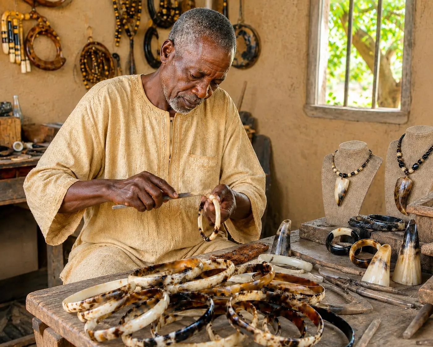 Michel K. façonnant un bracelet en corne dans son atelier